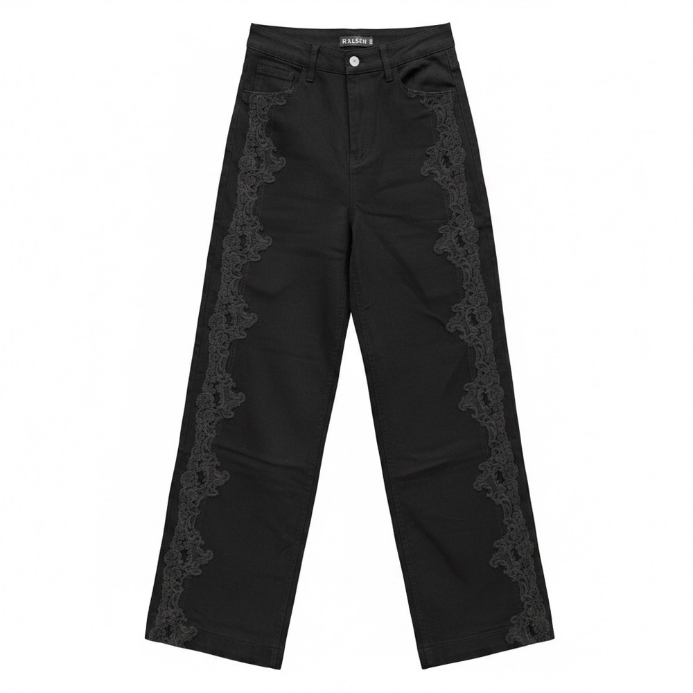 #139 BALBOA Jeans Sz. Large Lace Appliqué Wide Leg w: 29"-32" r: 13.5" i: 31"